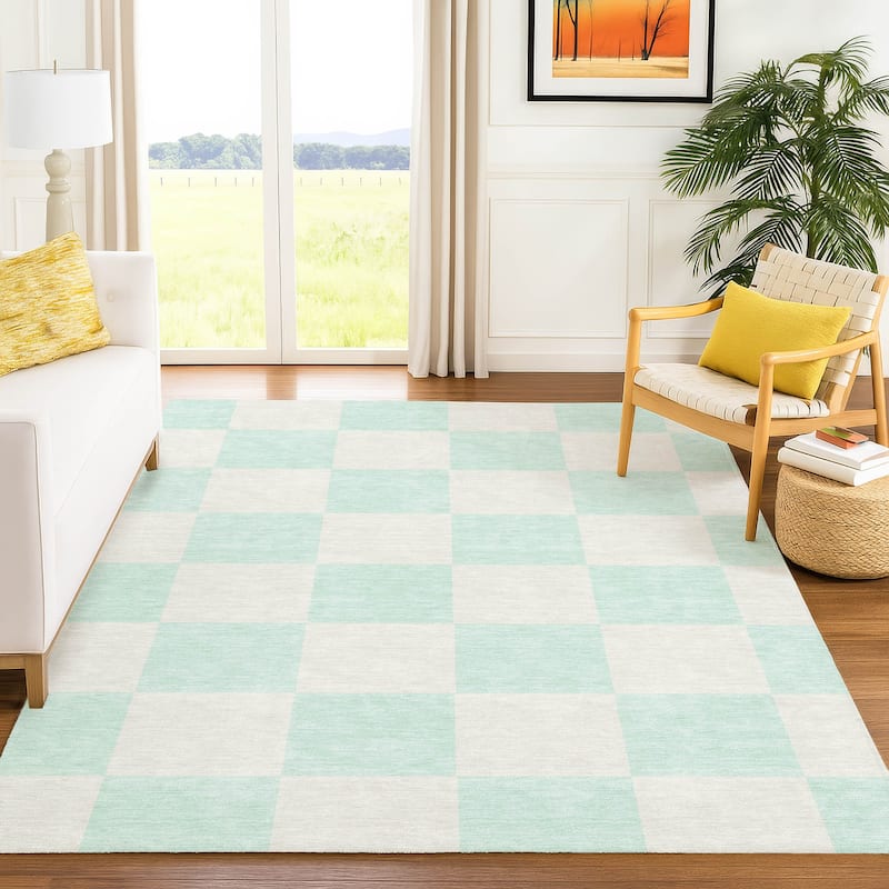 Machine Washable Indoor/ Outdoor Modern Checker Chantille Rug