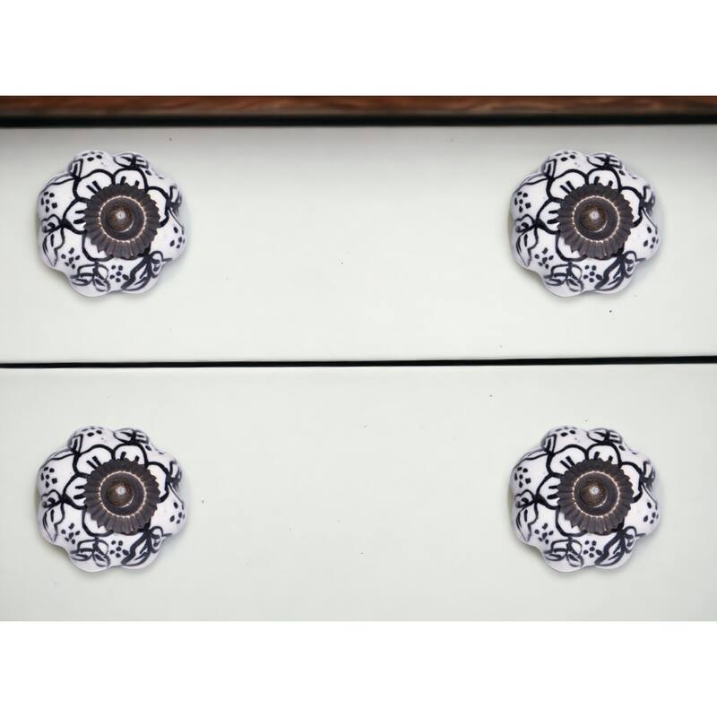 Set of 12 Black and White Ceramic Drawer Knobs with Floral Design and Gold Finish for Cabinets - 1.5” x 1.5” x 1.5”
