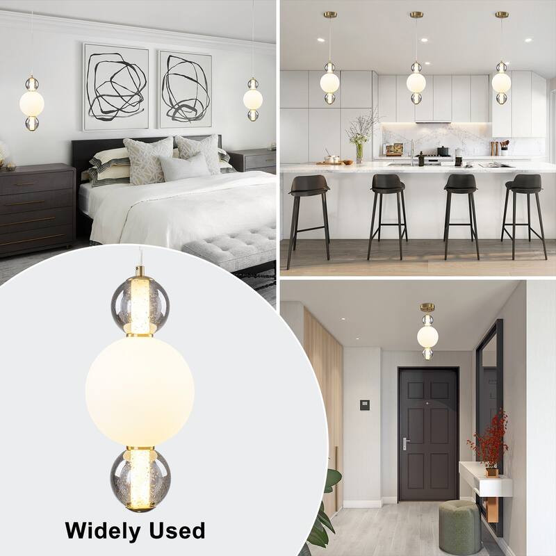 3-Light Modern Gold LED Pendant Light with White & Smoke Glass Globes - Dia.7.09-in