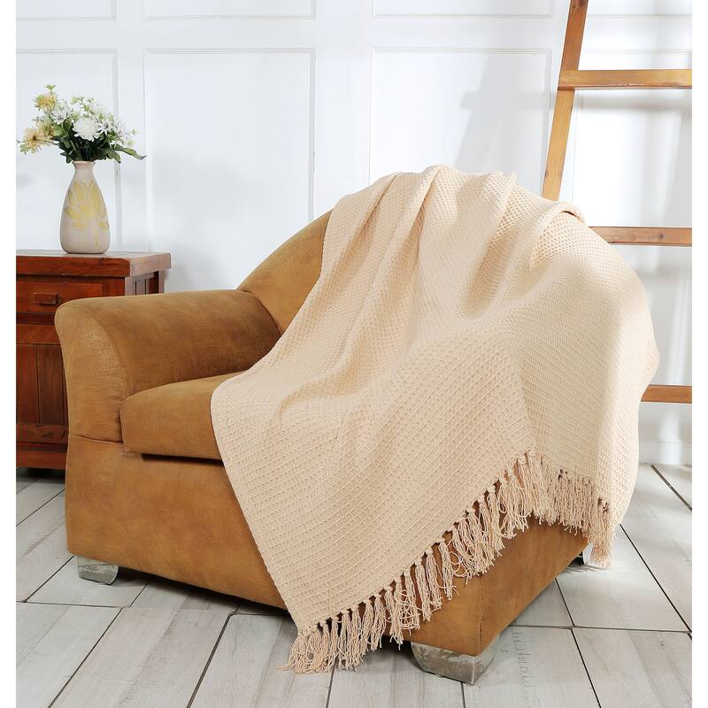 Luxurious Soft Cozy All Season Light Weight Cotton Waffle Weave Throw Blanket with Fringes - 70x50 Inches - Beige
