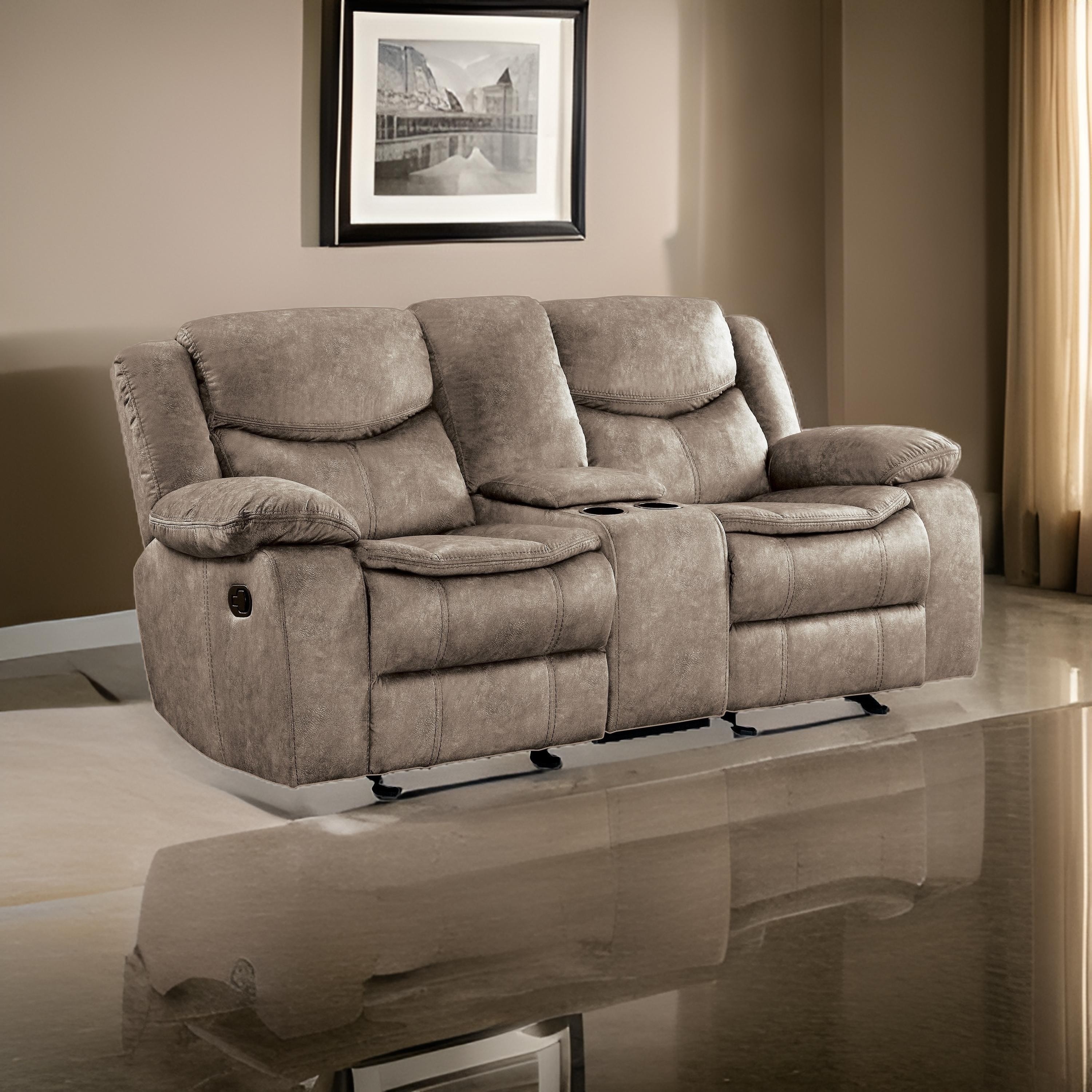 Benjara Joe 79 Inch Manual Dual Glider Recliner Loveseat, Console, Brown Microfiber