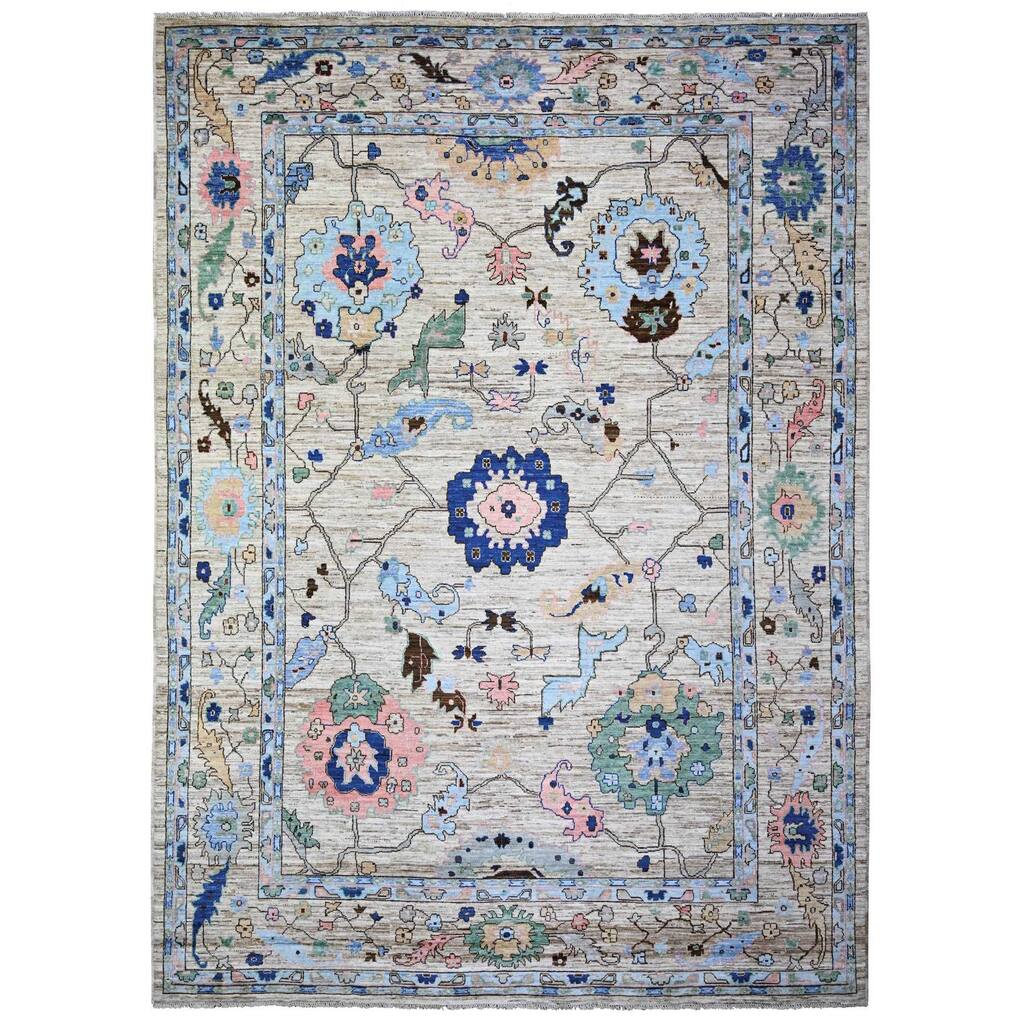 Shahbanu Rugs Taupe Gray, Natural Dyes Soft Wool, Hand Knotted Afghan Oushak with Pop of Color, Oriental Rug (10'1" x 13'10")