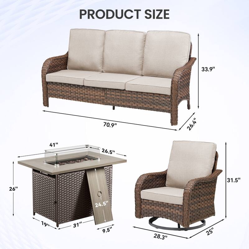 Pocassy Patio Sofa Swivel Chairs with Fire Table Funiture