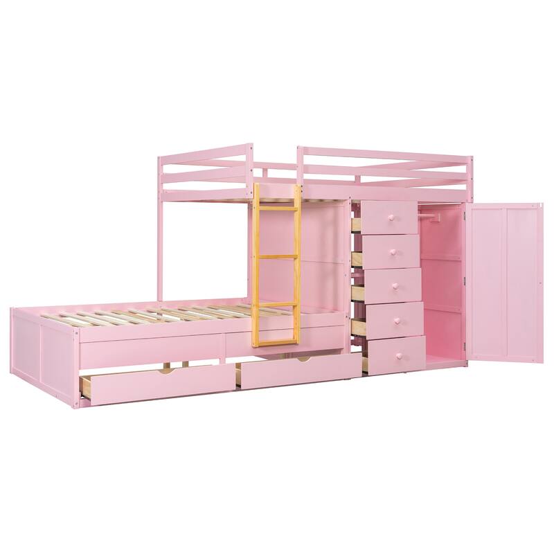 Roomfitters Full Size Bunk Bed with Drawers and Mini Wardrobe, Solid Wood