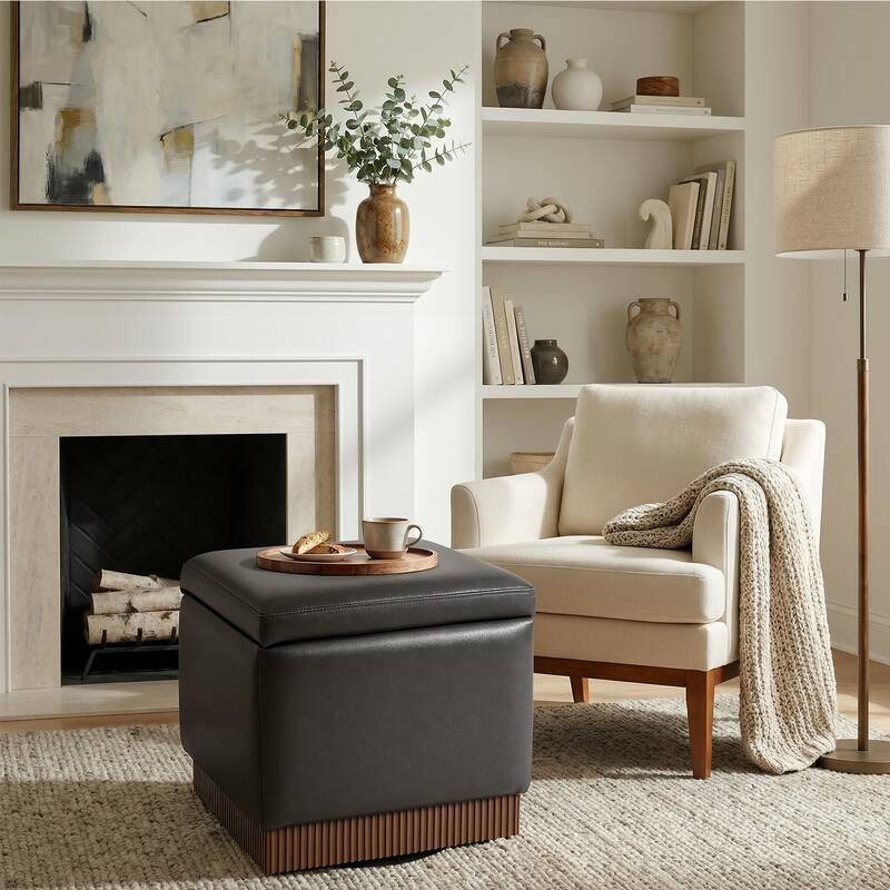 Swivel Storage Ottoman Bench Footstool with Flip-top and Acacia Solid Wood Frame, Fully Assembled