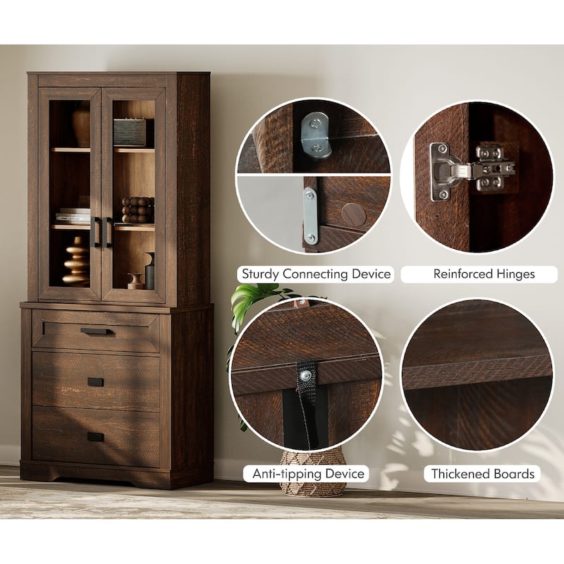 3-Column 73.3" Tall Bookshelf Set with Open Storage and Glass Doors