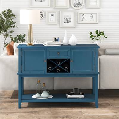 Wooden Console Table with Wine Rack Open Shelf Storage Sideboard for Home Kitchen, Living Room, Dining Room, Blue