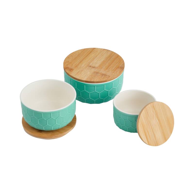 Set of 3 Round Mint Green Stoneware Bowls with Bamboo Lids