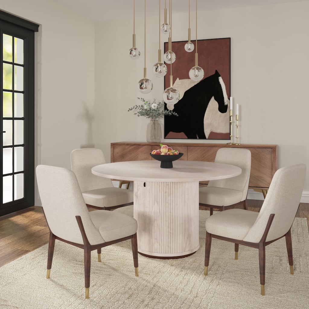 Navine Transitional Whitewashed Wood Round Dining Table by Sevita, 48" D x 48" W x 30" H - 48"D x 48"W x 30"H