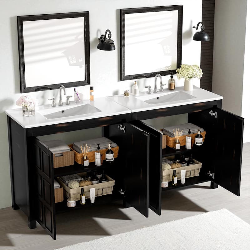72" Double Bathroom Vanity with Ceramic Sinks, Solid Wood Frame, Soft-Close Doors, Free-Standing Storage Cabinet