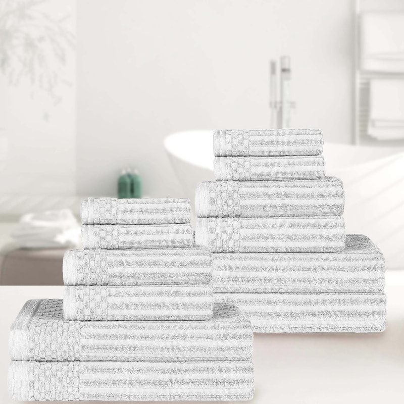 Superior Cotton 12-Piece Solid and Checkered Border Towel Set - White