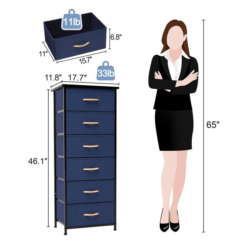 6 Drawers Chest - Vertical Storage Tower Steel / Wood / Fabric Dresser