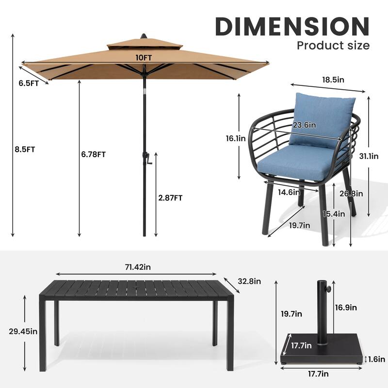 9/11-Piece Outdoor Patio Dining Set w/10 ft Umbrella and Base Aluminum Dining Table and Dining Chairs with Sunbrella Cushions