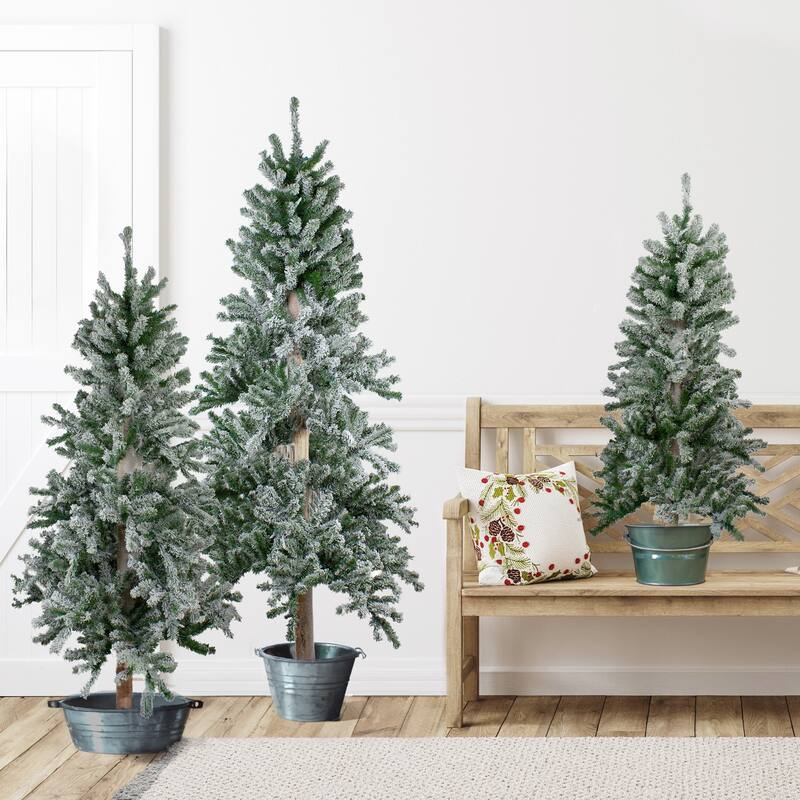 Set of 3 Flocked Alpine Artificial Christmas Trees - Unlit - 5'