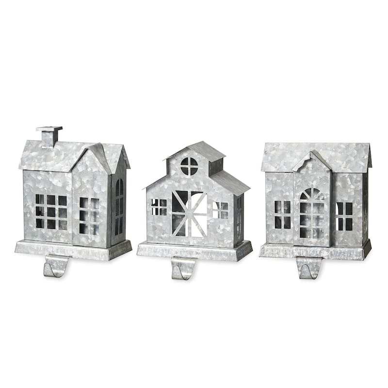 Glitzhome 7.25" H Set of 3 Cute Heavy Duty Galvanized House Stocking Holders Mantel Ornament For New Year