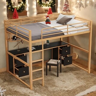 Multifunctional Full Size Metal Loft Bed with Desk, Cabinets, Drawers and Bedside Tray, Charging Station, USB and socket, Gold