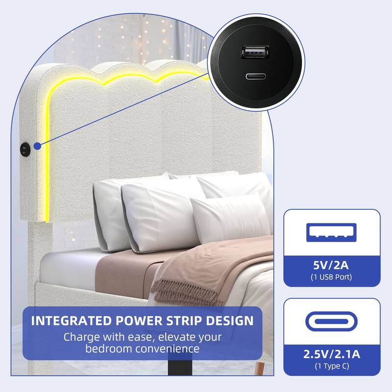 Moasis Lamb Wool Bed Frame with 2 Drawer, Adjustable Headboard with Charging Station and LED Lights