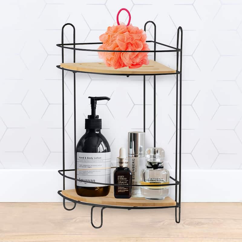 Corner Bathroom Organizer Storage Tower 3 or 2 Shelves Bamboo Black Metal