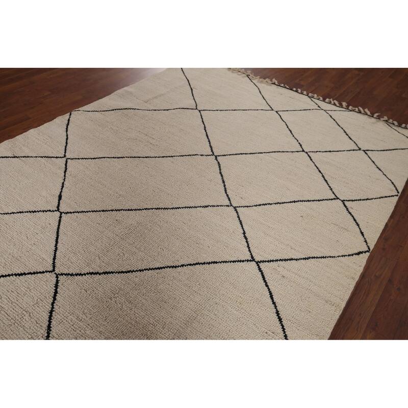 Trellis Moroccan Oriental Area Rug Hand-Knotted Beige Wool Carpet - 5'7"x 8'0"