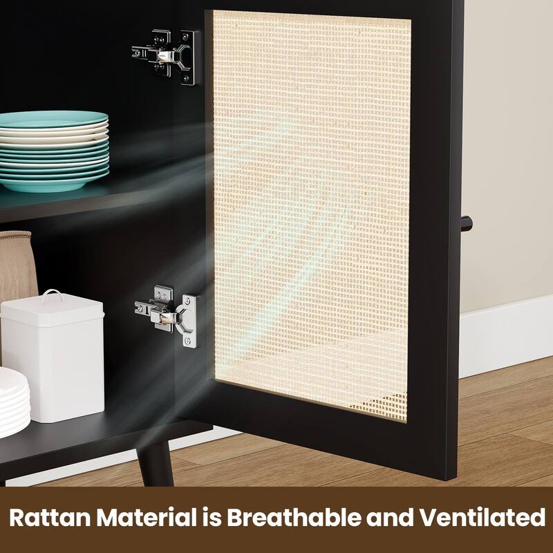 Anmytek Black 3-Door Rattan Buffet Sideboard Wooden Storage Cabinet for Living Dining Room