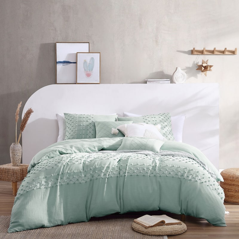 Swift Home Layla Cotton Pom Pom Clipped Tufted Jacquard 5-Piece Bedding Comforter Set