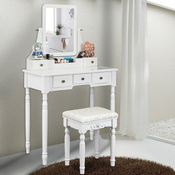 Bedroom Dresser,White a Mirror with Sliding Dressing Table and stools Modern Minimalist Dresser with Five Drawers with Vanity lamp