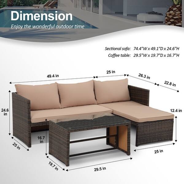 dimension image slide 2 of 3, Tappio 3-piece Outdoor Wicker Sofa Furniture Conversation Set