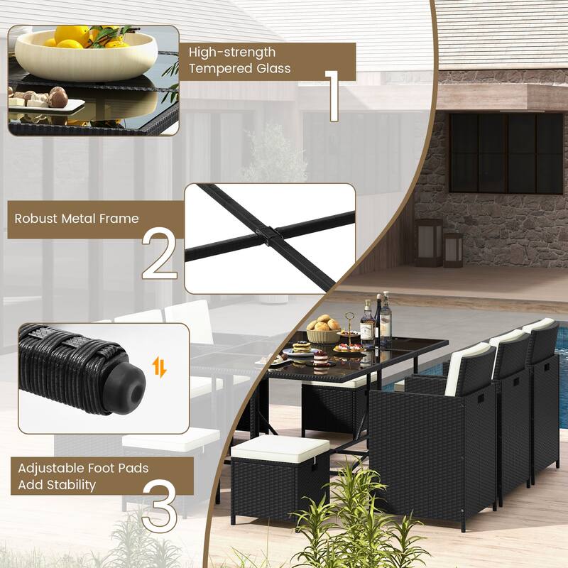 Gymax 11PCS Dining Set Space-saving Wicker Chairs & Tempered Glass