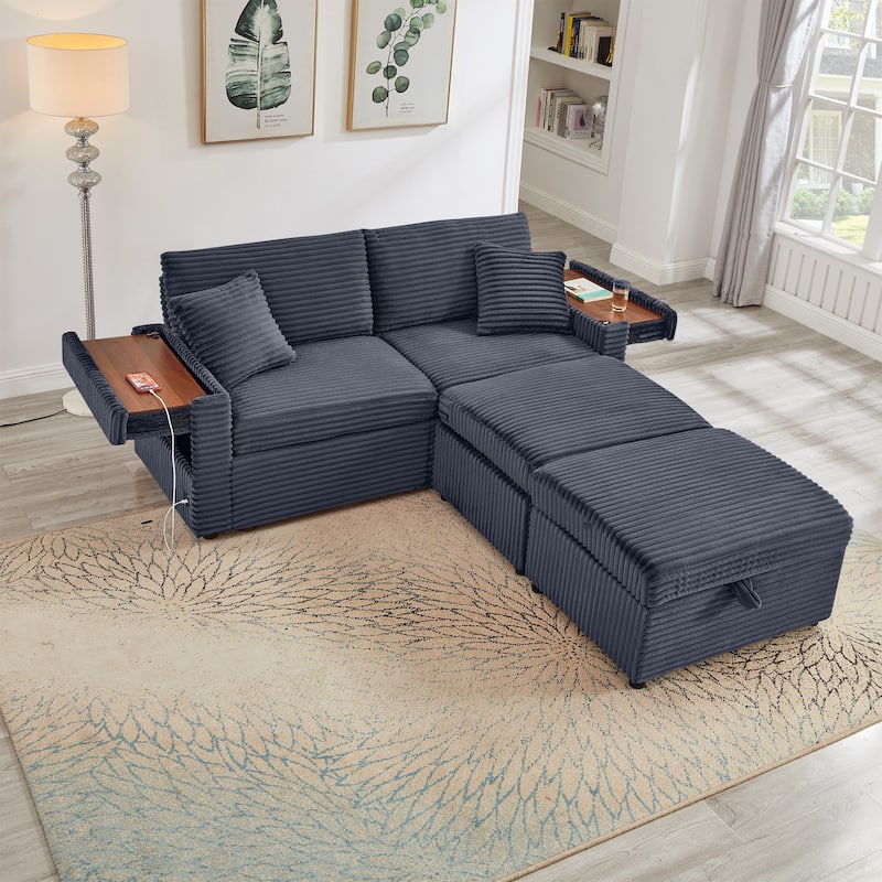 Modular Chaise Sleeper Sofa Bed, Corduroy Loveseat Couch & Storage Ottomans Set with Folding Table Boards and USB Ports