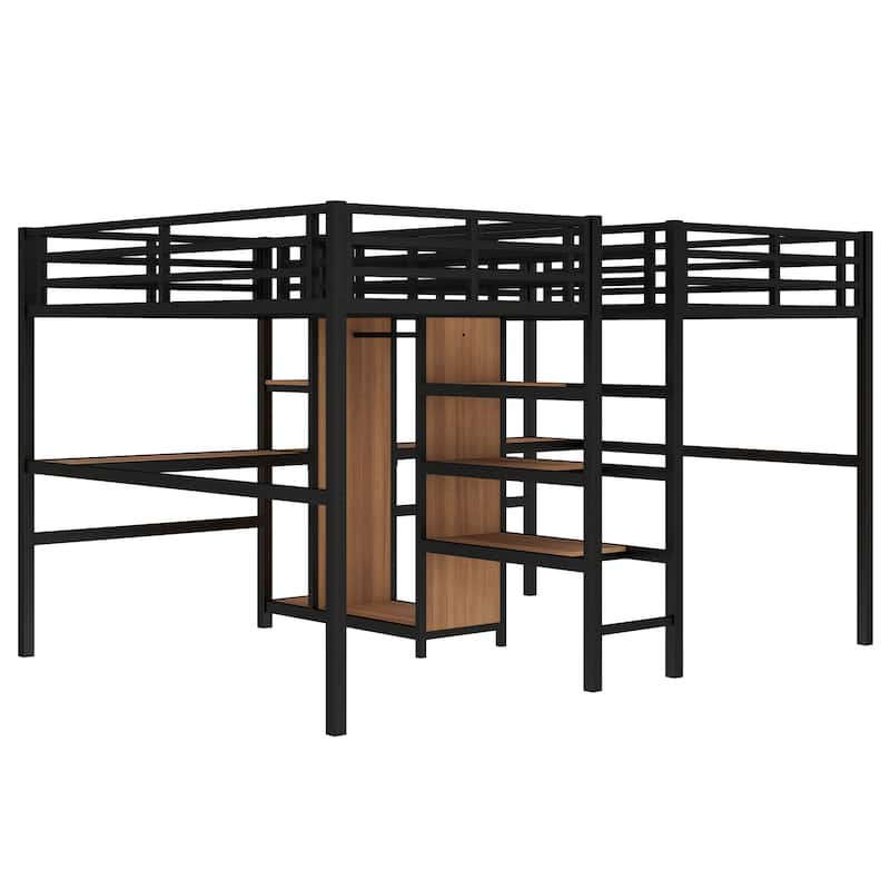 Twin Loft Bed with Dual Workstations, Built-in Wardrobe, Storage Shelves, and Power Outlets