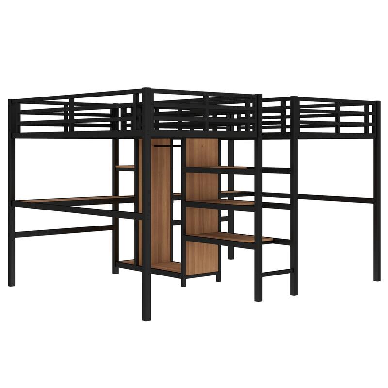 Twin over Twin Metal Loft Bed with Double Desk - Space-Saving Bunk Bed with Wardrobe, Shelves & Electrical Outlet