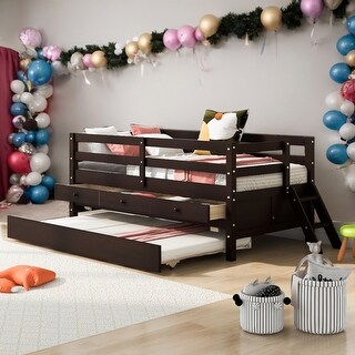 Twin Size Low Loft Bed With Ladder,Storage Drawers and Trundle for Home