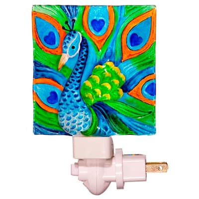 Blue and Green Peacock Night Light Fused Glass Electric 7 Watt
