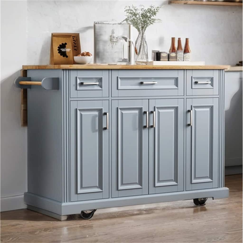 54" Wood Rolling Kitchen Island with Drop Leaf,4 Doors and 3 Drawers