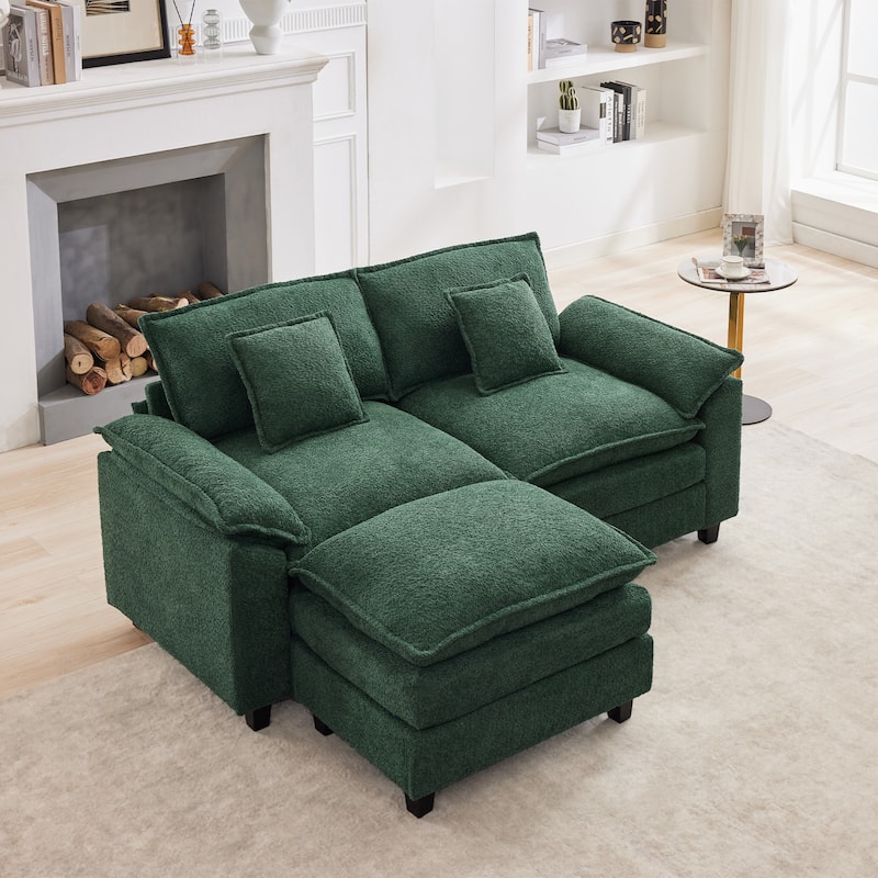 Modular Chenille Sectional Sofa with Ottomans, Deep Seat, Wide Padded Armrests, 2-Seat / 3-Seat / 4-Seat Options - Olive/2 Seats with 1 Ottoman - Reversible