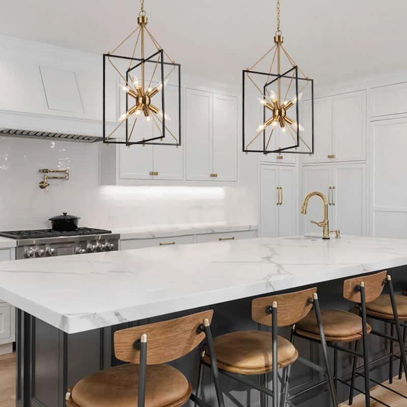 Modern 8-Light Black Gold Starburst Chandelier Metal Pendant Lights for Dining Room - 16" L x 15" W x 26" H