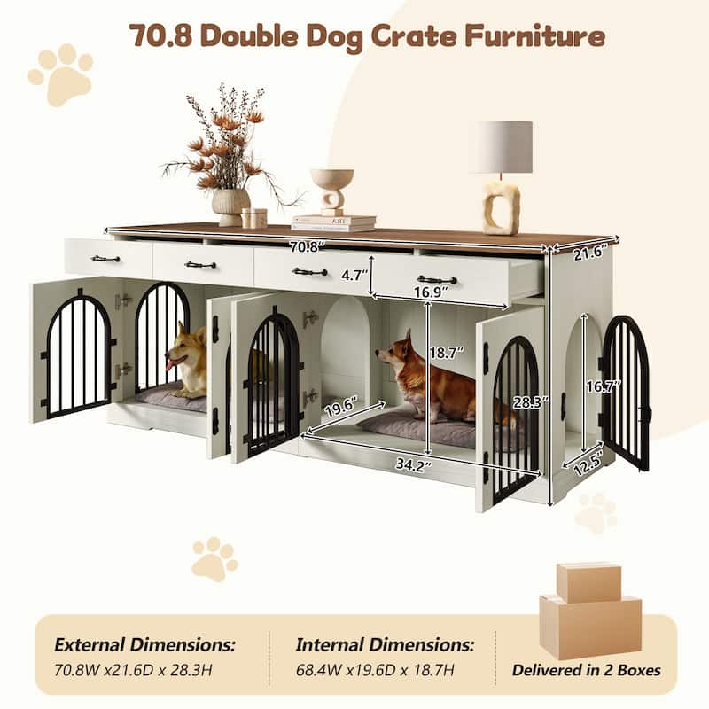 70.8" Large Dog Crate Furniture for 2 Dogs, Dog Kennel Indoor with Door and 4 Drawers, End Table, TV Stand for Medium Small Dogs