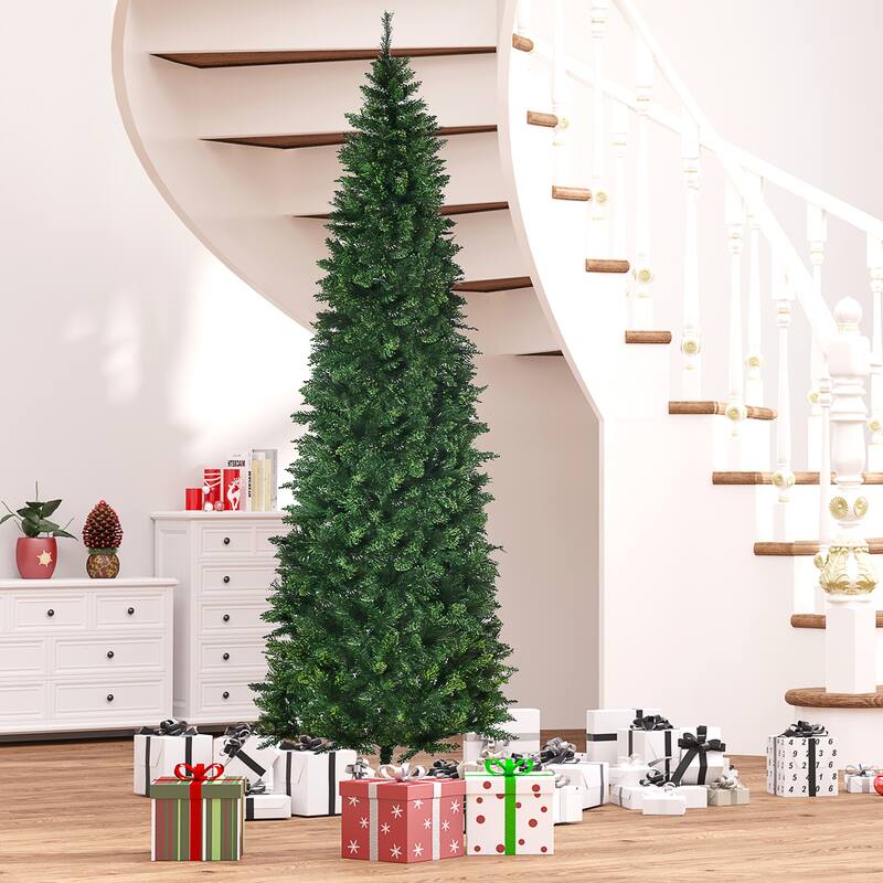 9FT Tall Auto Open Pencil Artificial Christmas Tree with 1298 Branches & Steel Base