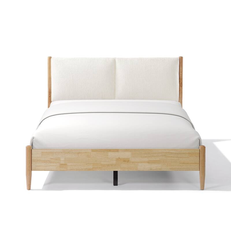 Roomfitters Queen Platform Bed Frame with White Upholstered Headboard, Mid-Century Modern Solid Wood Mattress Base, Natural
