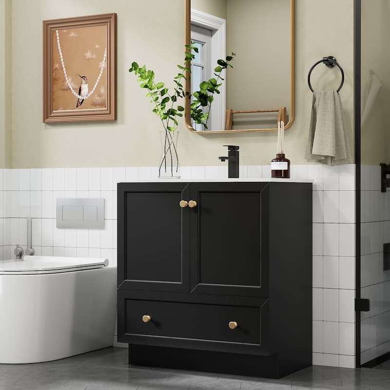 Solid Wood Bathroom Vanity Cabinet with Ceramic Undermount Sink Top Skirting Design