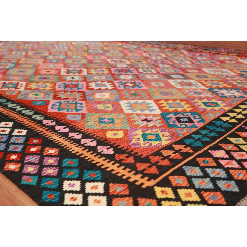 Kilim Oriental Area Rug Flatweave Orange Reversible Wool Carpet - 9'9"x 13'0"