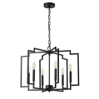 Industrial Black 6-Light Pendant Light with Open Cage Frame