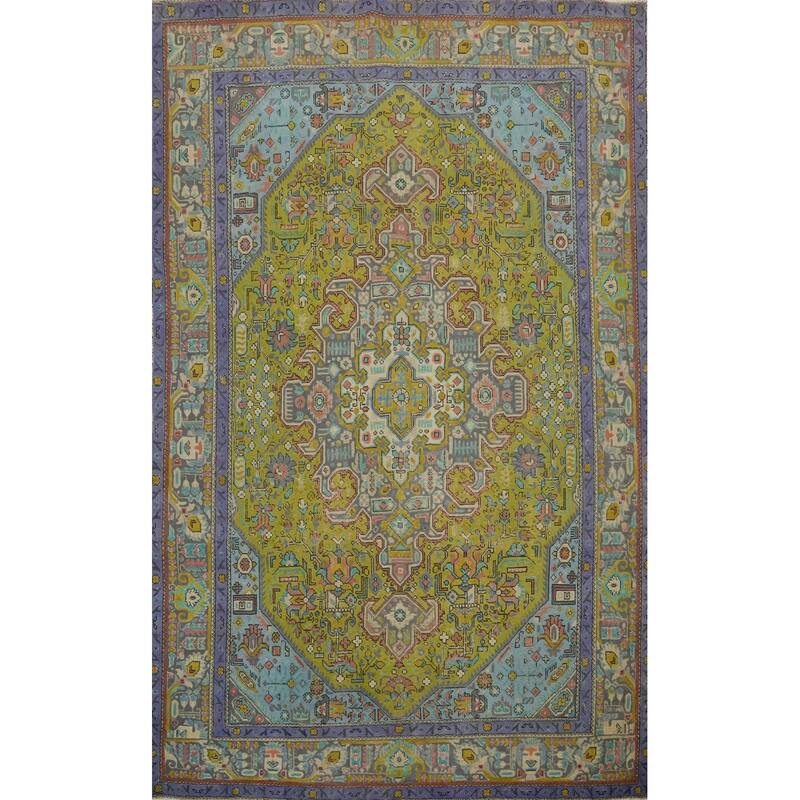 Hand Knotted Oriental 100% Wool Carpet Traditional Floral Green Tabriz Area Rug - 9' 5'' X 6' 4''