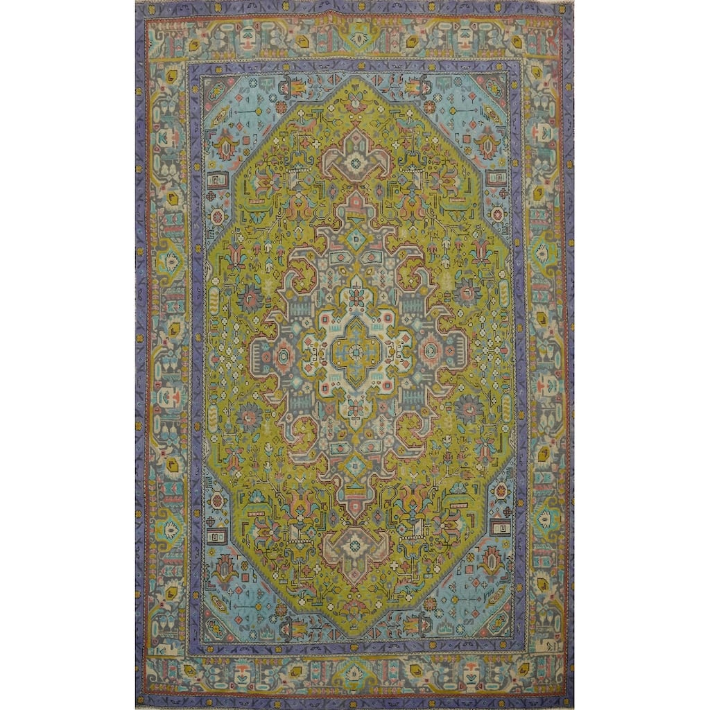 Hand Knotted Oriental 100% Wool Carpet Traditional Floral Green Tabriz Area Rug - 9' 5'' X 6' 4''