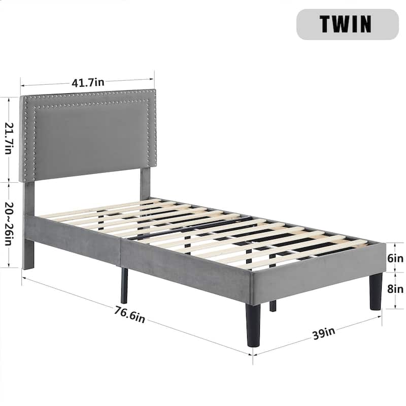 VECELO Twin Size Kids Beds Set of 2 Adjustable Headboard Soft Upholstered Headboard with Rivet Detail 8" Underbed Storage