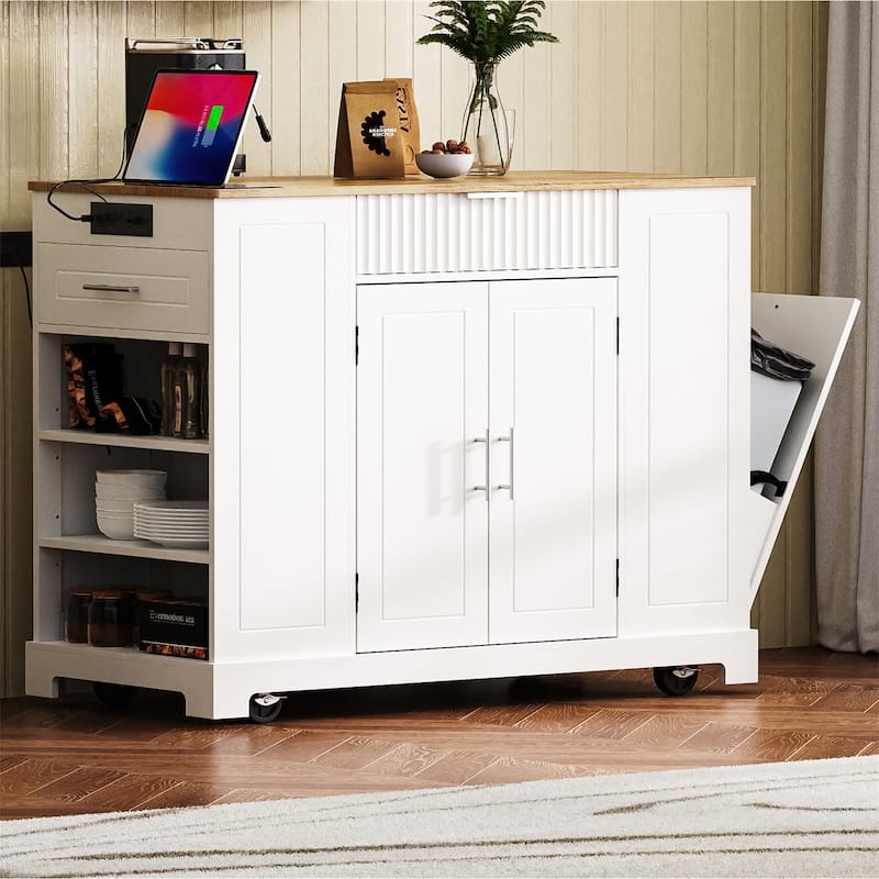 Rolling Kitchen Island w/ Power Outlet,Internal Rack,3 Open Side Racks