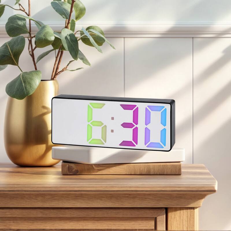 Small Digital Alarm Clock Bedroom Big Numbers Display, Temperature, Adjustable Dimmable 12/24 H Deep Sleepers 6.3x2.4x1 Inch - Black Mirror