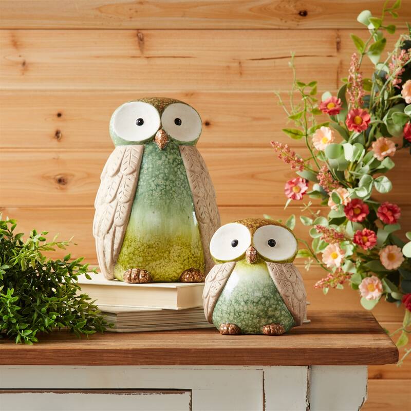 Etched Feather Terracotta Owl Figurines - 9.5" - Green and Teal Blue - Set of 2