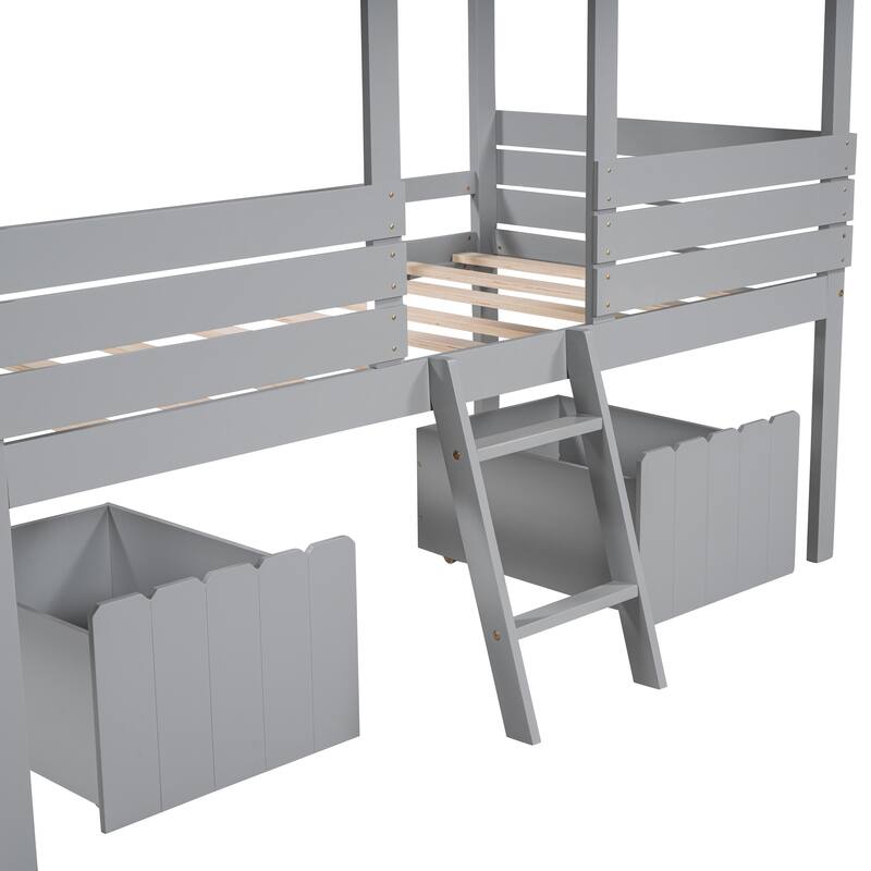 Twin Size Low Loft Wood House Bed with Two Drawers with Guardrail and