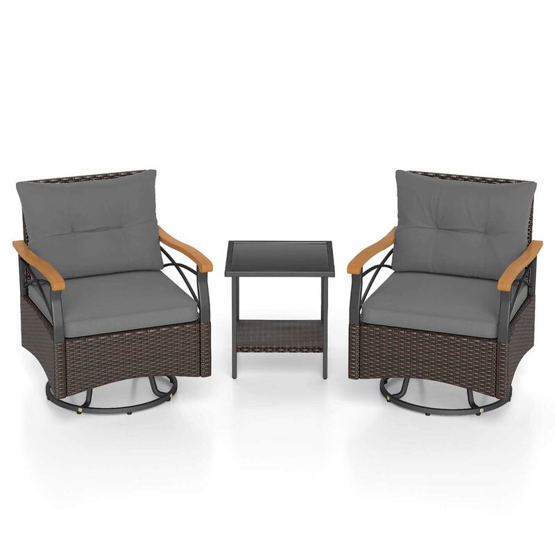 Costway 3 PCS Outdoor Swivel Chair Set with 2-Tier Tempered Glass Side - See Details